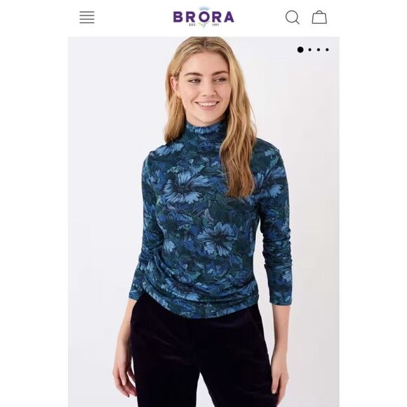 Brora Liberty print indigo bloom jersey mock turtle neck Made in England sz L/XL - Picture 1 of 8